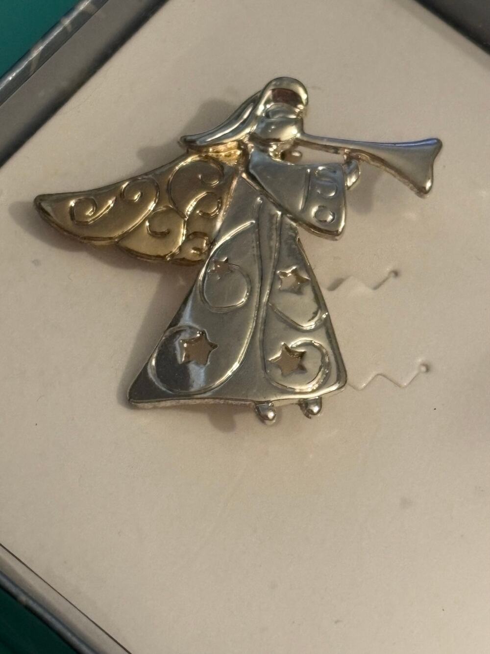 Silver & Gold Tone Angel Trumpet Brooch Pin NIB Holiday Christmas